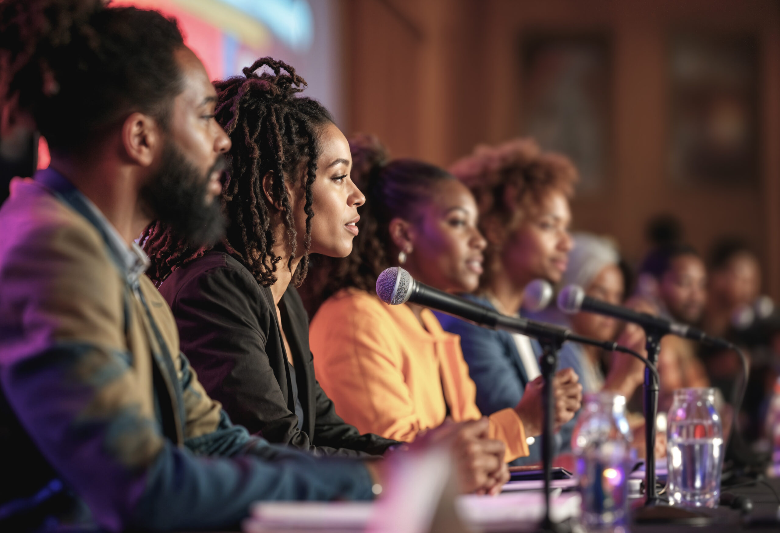 A panel of speakers at a conference
