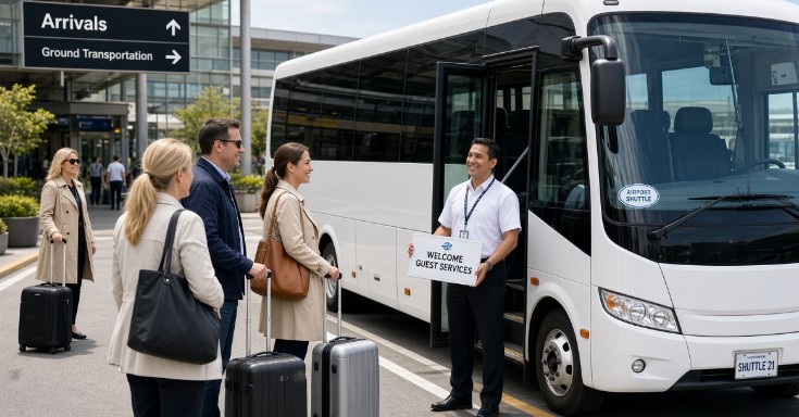 A minibus ready to collect a group of travellers